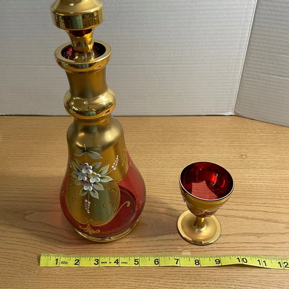 Bohemian Czech Ruby Red Gold Gilt Crystal Decanter & 4 Glasses Enamel Flowers